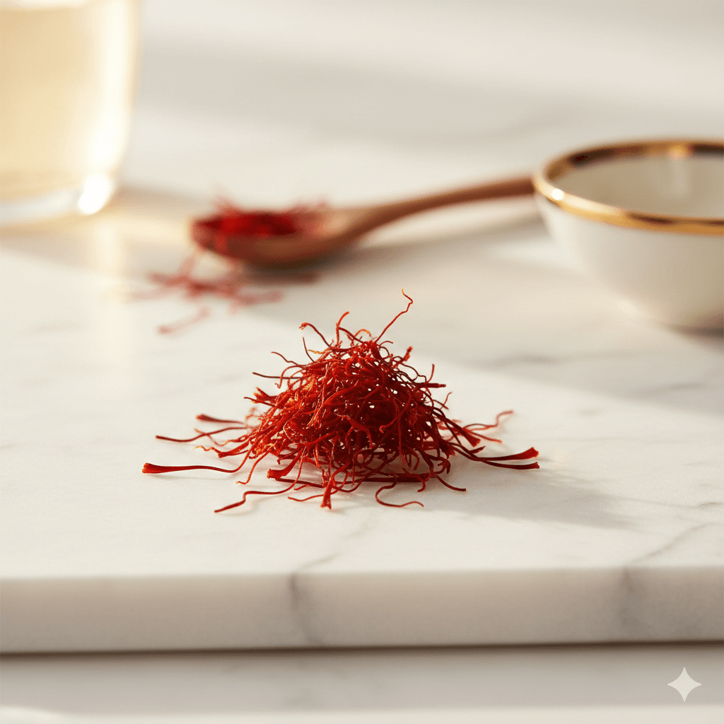 filaments de vrai safran de qualité rouge foncé sur fond blanc